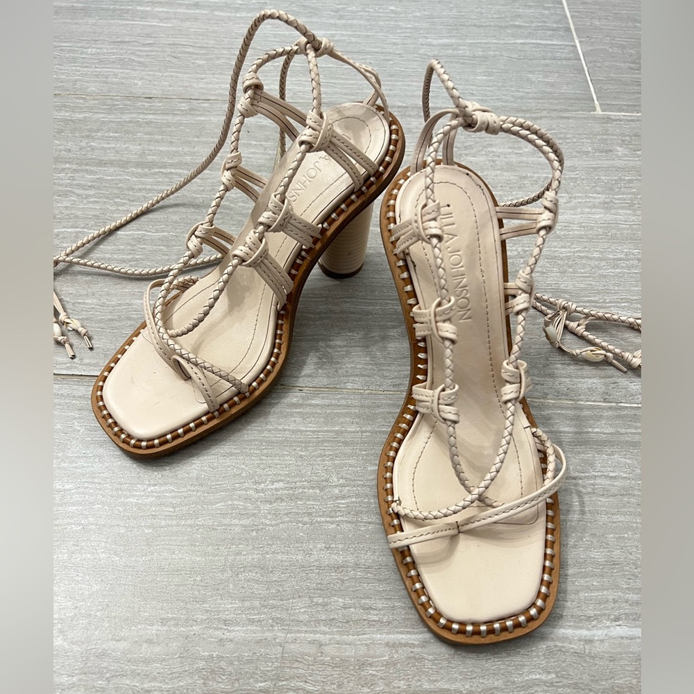 Ulla Johnson Strappy High Heel Thong White Cora Seashell Ankle Wrap Sandal Sz 37